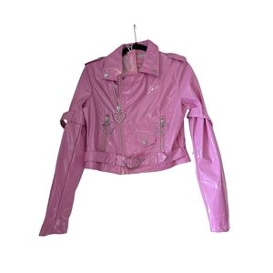 Sugar Thrillz Shiny Pink lined Vinyl Jacket with Heart Accents - M
